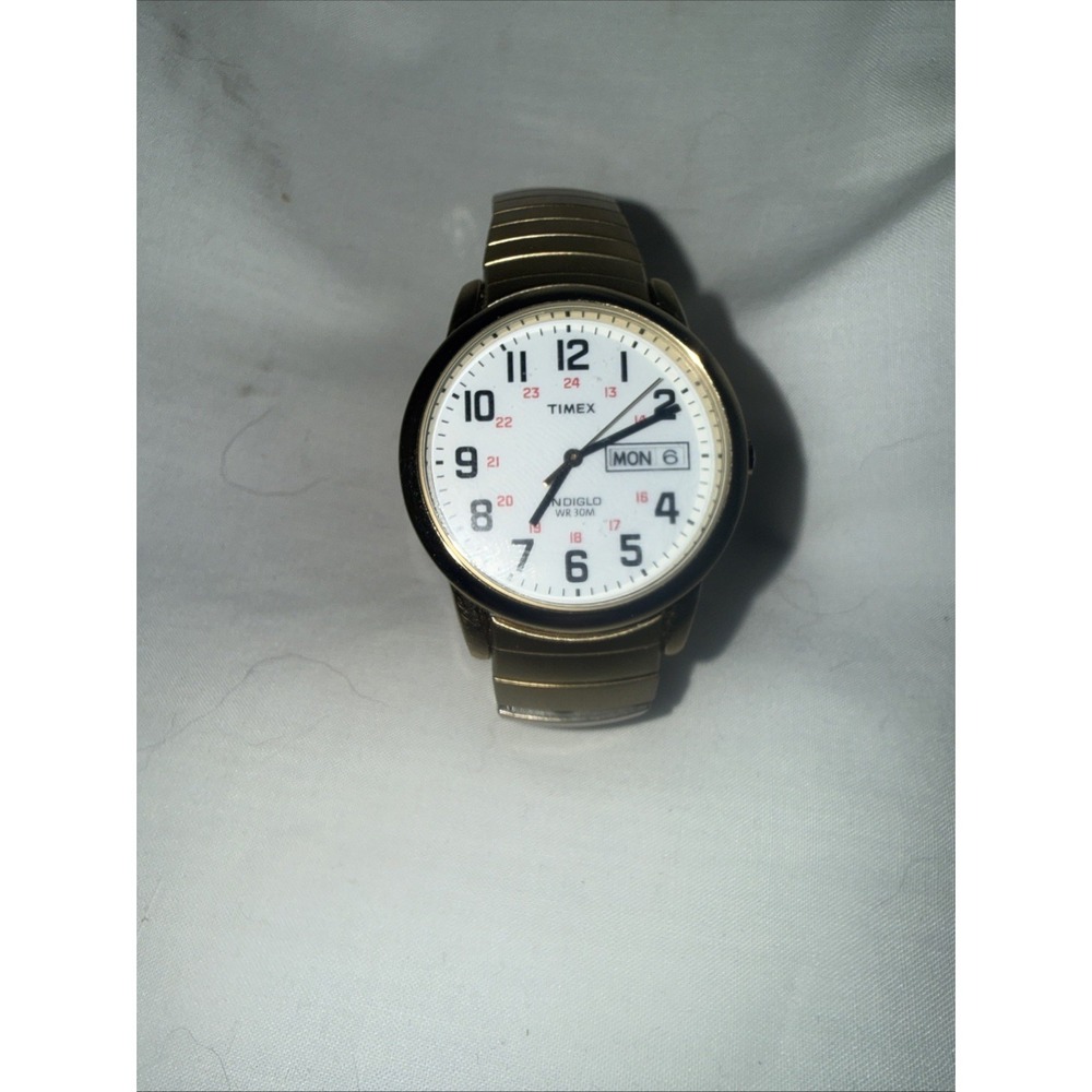 Timex Indiglo Easy Reader Watch Men 30mm White Dial Gold Tone Daydate New Bat A1